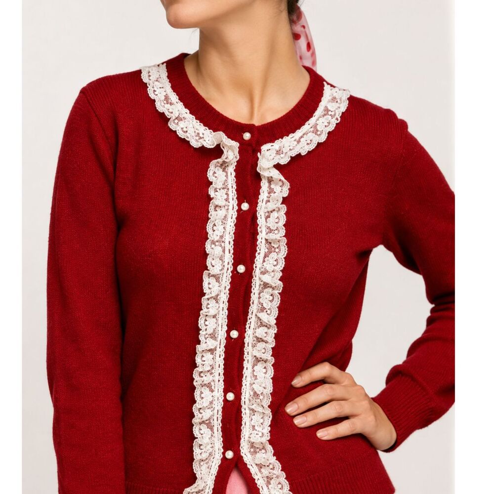 Vintage Alley Cat USA Red Lace Trim Cardigan Sweater Women's L Pearl Cottagecore